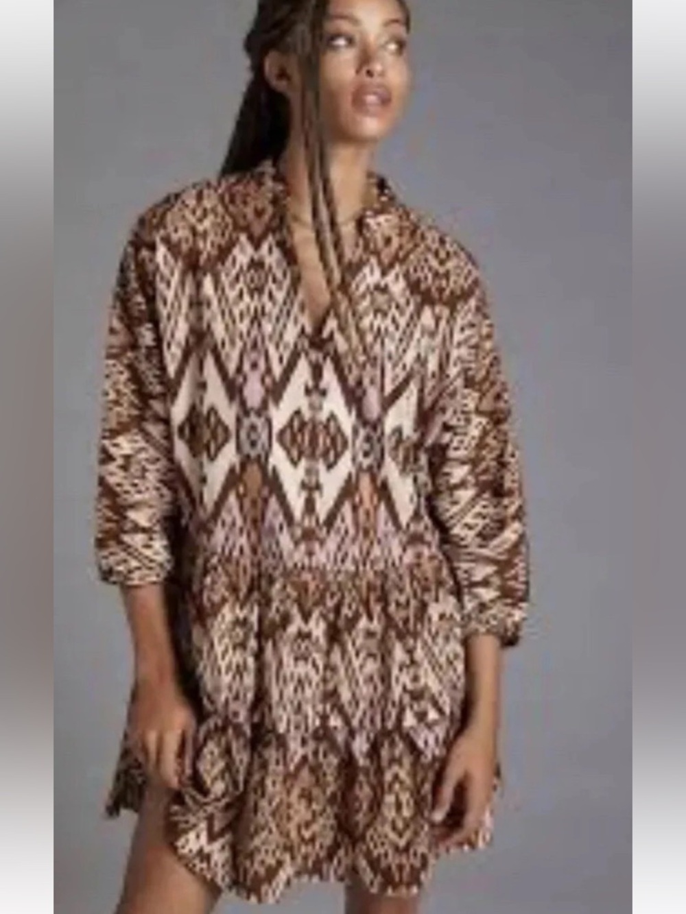 Anthropologie Conditions Apply Flowy Mini Dress Brown Cream Size XS Boho